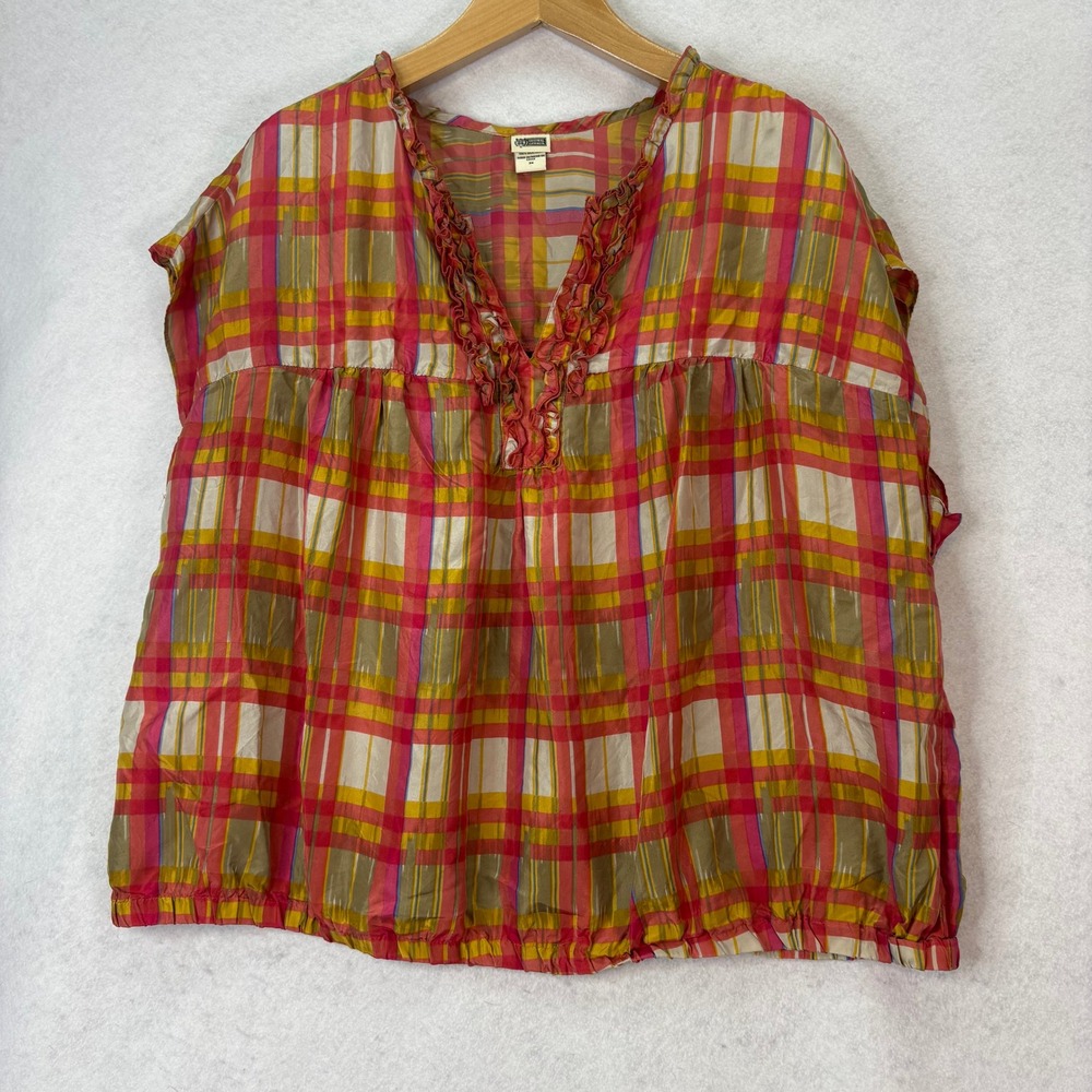 Route 66 Silk Plaid Ruffle Trim V-Neck Sleeveless Top Womens 3X Boho Cottagecore